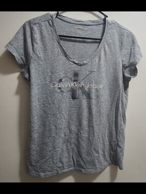 Calvin Klein Gray Logo V Neck Tee Medium